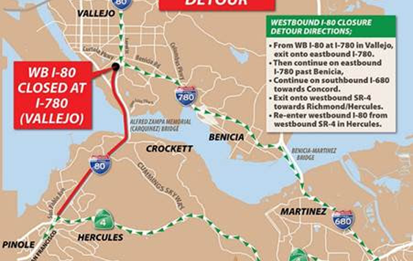 Westbound I-80 closed at Vallejo for Labor Day weekend
